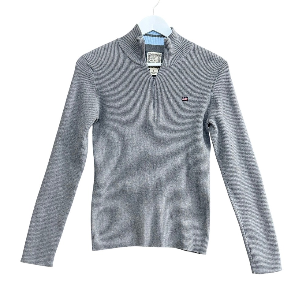 Polo Jeans Co Womens Large Grey Ribbed 1/4 Zip Sweater Preppy Mock Neck Casual